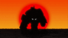 a robot is silhouetted against a sunset sky