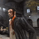 a man with blood on his face is wearing a leather jacket