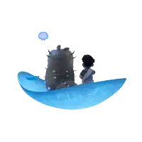 a boy sits on a boat next to a giant worm