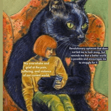 a painting of a girl sitting on a couch with a black cat .