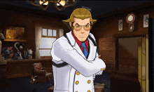 a man with his arms crossed is in a room with a clock on the wall