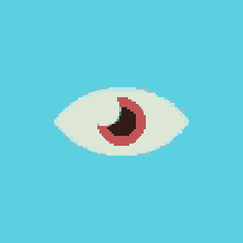 a cartoon illustration of an eye with a red pupil and a blue background .