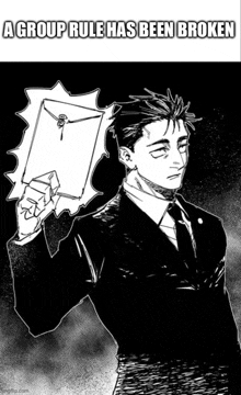 a black and white drawing of a man in a suit holding a piece of paper with a key on it .