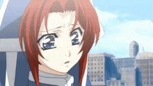 a girl with red hair and blue eyes is wearing a white cape
