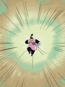 a cartoon drawing of a man with a pink apron