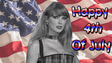 a woman is standing in front of an american flag with the words happy 4th of july