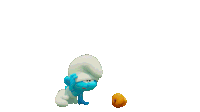 a smurf is falling in the air with a yellow ball in the foreground