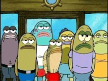 a group of cartoon characters are standing in front of a window with a steering wheel in the background