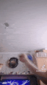 a tik tok video of a person throwing a frisbee in a room