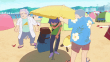 a cartoon drawing of people on a beach with a man wearing a shirt that says ' tokyo ' on it