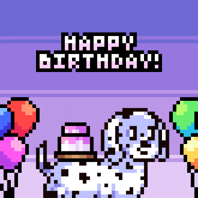 pixel art of a dalmatian holding a cake and balloons with the words happy birthday