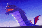 a purple and white dragon with red wings and a blue sky in the background