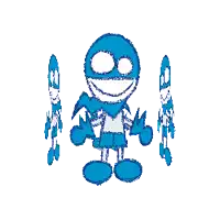 a blue cartoon character is smiling and holding a sword