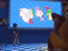 a boy stands in front of a screen that says vid creds cababer
