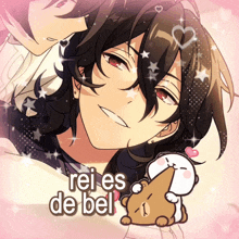 a picture of a boy with the words rei es de bel written on it
