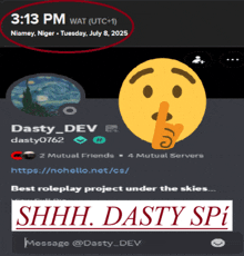 a screenshot of dasty_dev 's profile with a smiley face with a finger on his lips