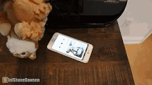 a stuffed animal is laying on a table next to a phone that says lolshanedawson on the bottom