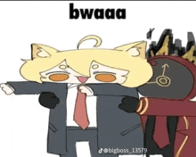 a cartoon of a cat in a suit and tie is being held by another cat .