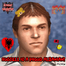 russell is a proud albanian with a picture of a man