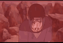 itachi uchiha from naruto is kneeling down in the dirt with his eyes closed .