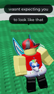 a cartoon character with a unicorn on his shirt says " wasnt expecting you to look like that inspector sirc salad "