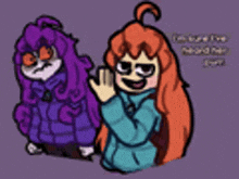 a drawing of two cartoon characters standing next to each other .