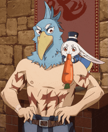 a cartoon character with a bird 's head and a rabbit holding a carrot