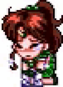a pixel art of a girl with brown hair and a green shirt .