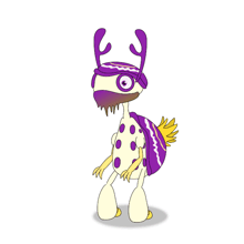 a cartoon drawing of a bird with a purple horn