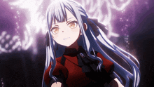 a girl with long white hair is wearing a red shirt