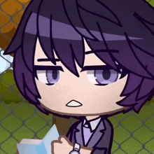 a cartoon character with purple hair is holding a piece of paper and a watch
