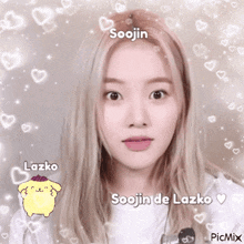 a picture of a girl with the words soojin de lazko on it