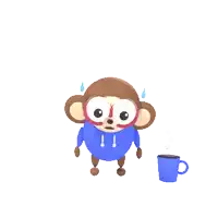 a cartoon monkey wearing a blue hoodie stands next to a cup of coffee
