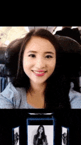 a woman is smiling while sitting in a chair