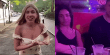 a woman is walking down the street and a woman is sitting at a table with drinks