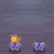 a cartoon of a purple robot and a yellow robot