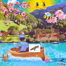 a cartoon of a man in a boat with a picture of a crocodile and a bee