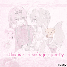 a picture of two anime girls with the words kafka is praise 's property