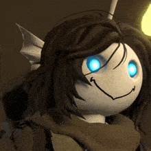 a close up of a cartoon character with blue eyes and a smiling face