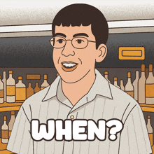 a cartoon drawing of a man with glasses and the word when on his shirt