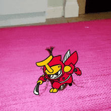 a cartoon of a ninja holding a sword on a pink carpet