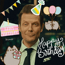 a man in a suit and tie is surrounded by balloons and a birthday cake