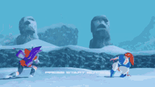a video game scene with a press start button on the bottom right