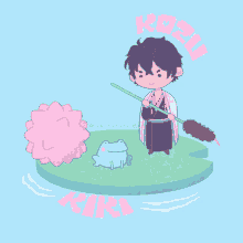 a cartoon drawing of a man holding a broom next to a frog and a flower with the year 2020 on it
