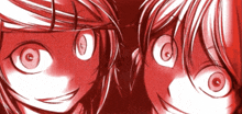 a couple of anime characters with red eyes and a circle in the middle of their eyes