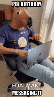 a man wearing a horse mask sits in a chair using a laptop