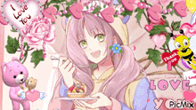 a girl with pink hair is holding a plate of food in front of a collage of hearts and flowers