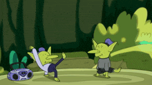 a cartoon drawing of two goblins dancing with a boombox in the background