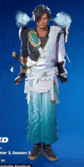 a man with a sword is standing in front of a blue screen that says fortnite festival