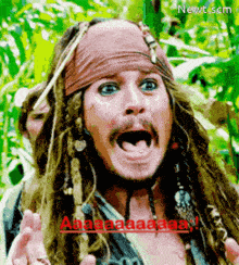 a man with dreadlocks and a bandana on his head is wearing a pirate costume and making a surprised face